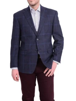 I Uomo Mens Regular Fit Navy Blue Plaid Two Button Wool Blazer Sportcoat