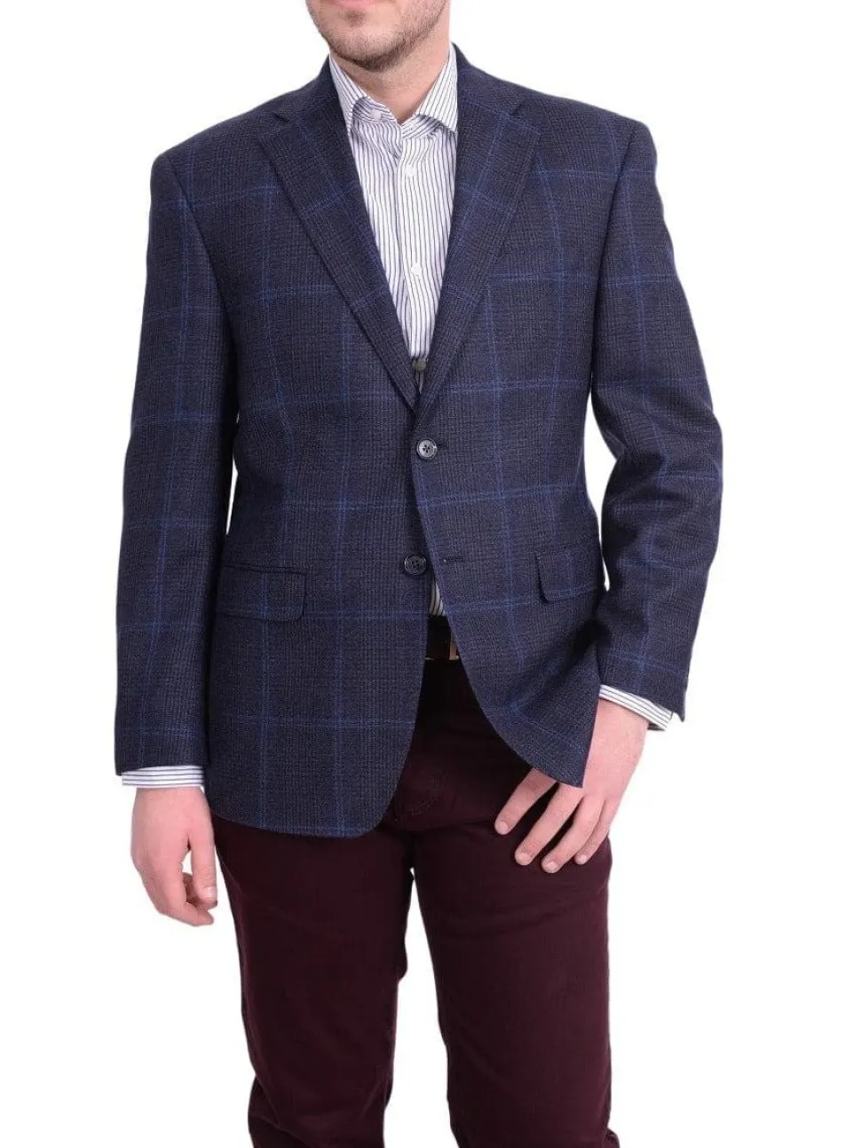 I Uomo Mens Regular Fit Navy Blue Plaid Two Button Wool Blazer Sportcoat