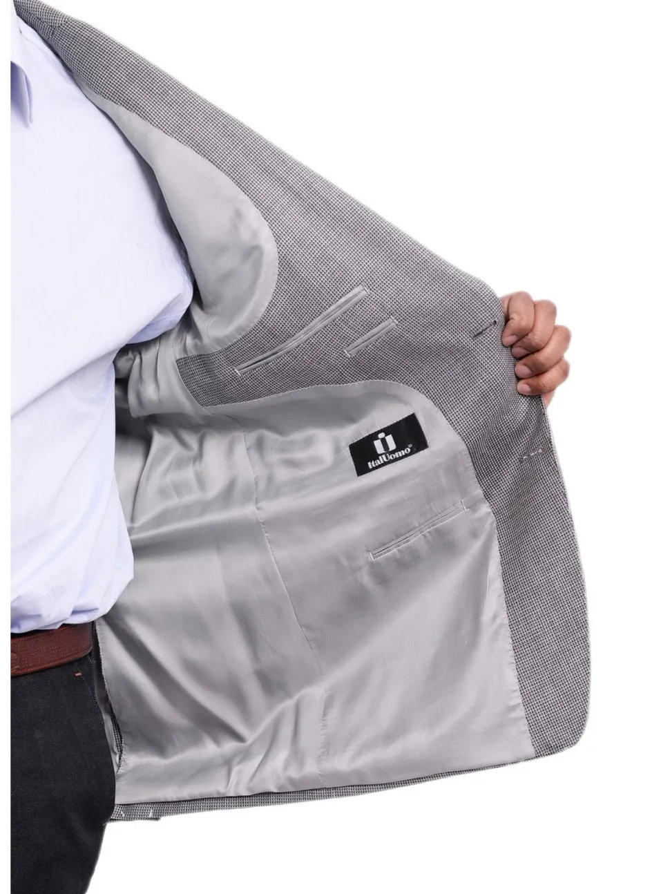 I Uomo Regular Fit Gray Textured Weave Silk Wool Blend Blazer Sportcoat