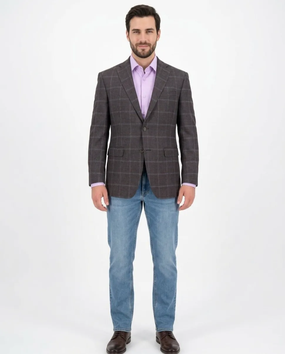 I Uomo Regular Fit Men's Brown & Blue Plaid Two Button Wool Blazer Sportcoat