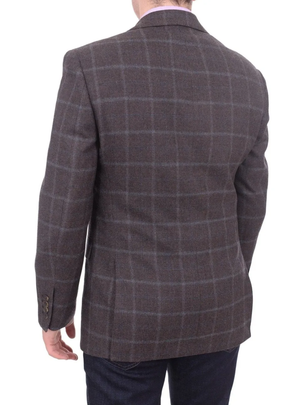 I Uomo Regular Fit Men's Brown & Blue Plaid Two Button Wool Blazer Sportcoat