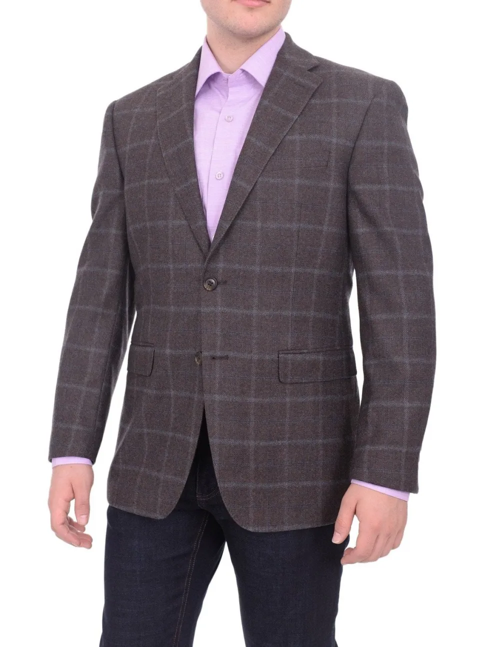 I Uomo Regular Fit Men's Brown & Blue Plaid Two Button Wool Blazer Sportcoat
