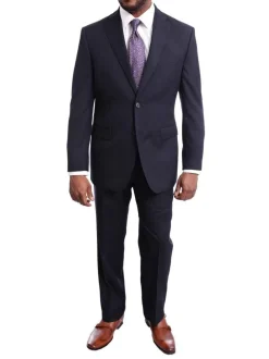I Uomo Regular Fit Navy Blue Mini Check Plaid Two Button 100% Wool Men's Suit