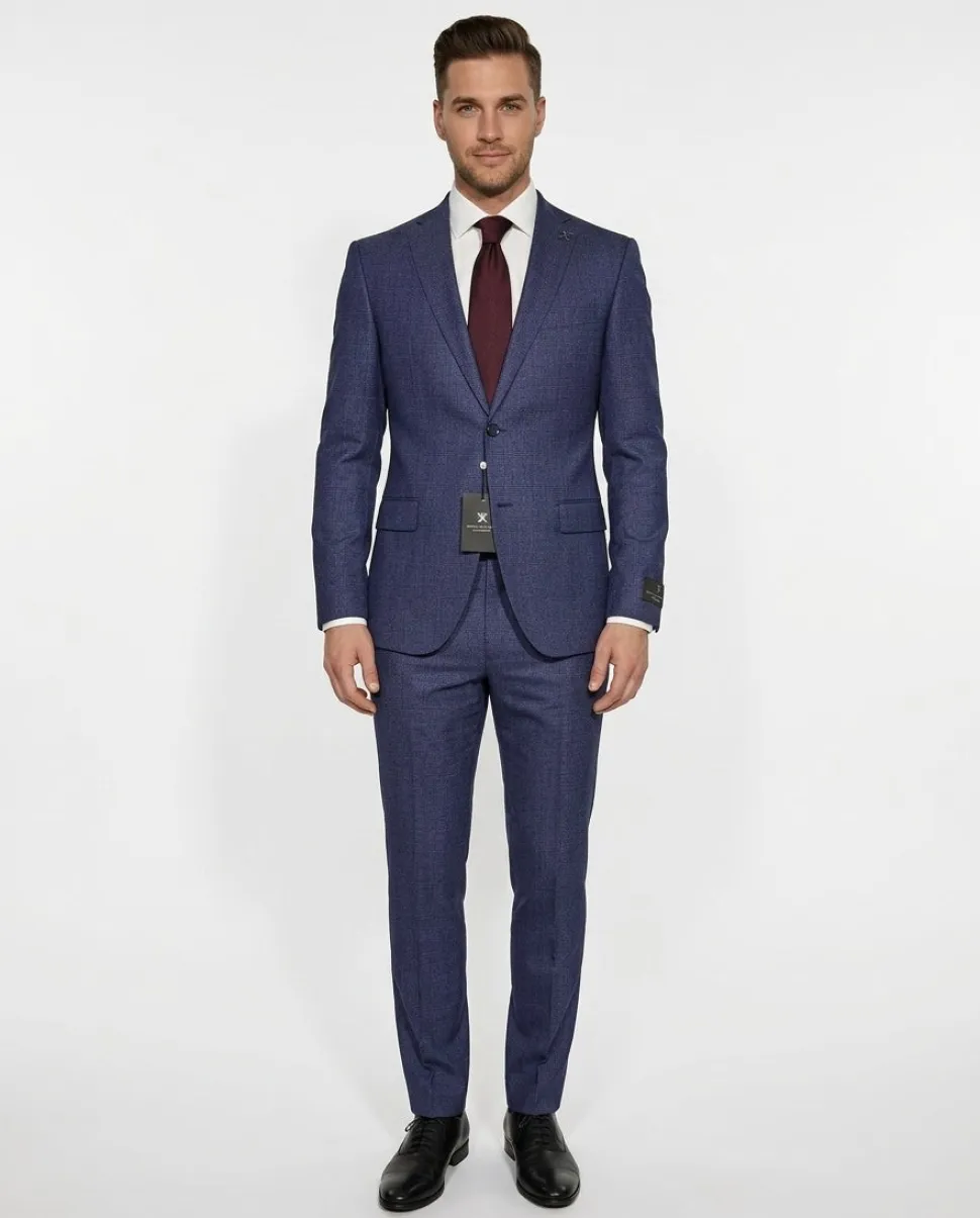 John Varvatos Check Blue Half-Canvassed Slim Fit Two Button Wool Suit