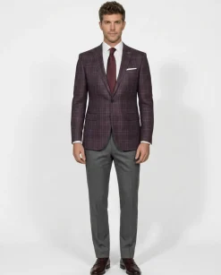 John Varvatos Glen Plaid Burgundy Slim Fit Wool Two Button Blazer Sportcoat