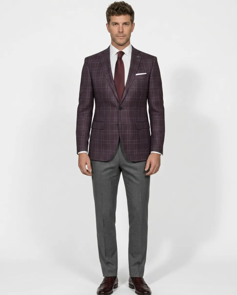 John Varvatos Glen Plaid Burgundy Slim Fit Wool Two Button Blazer Sportcoat
