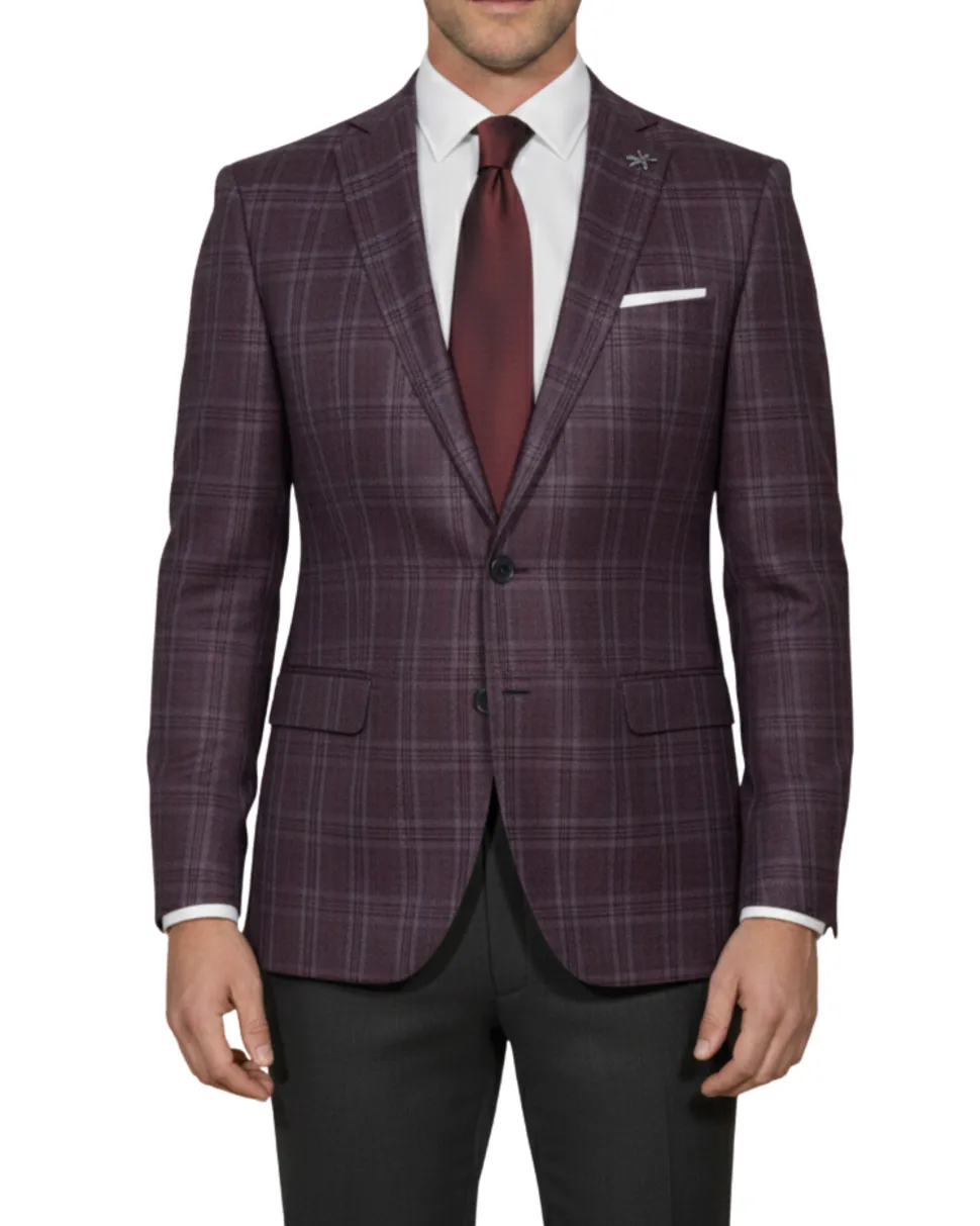 John Varvatos Glen Plaid Burgundy Slim Fit Wool Two Button Blazer Sportcoat