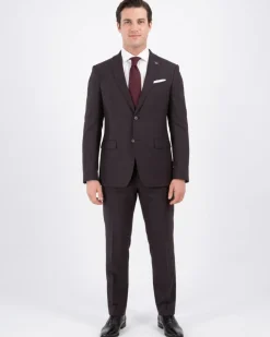 John Varvatos Half-Canvassed Windowpane Burgundy Slim Fit Two Button Stretch Wool Suit