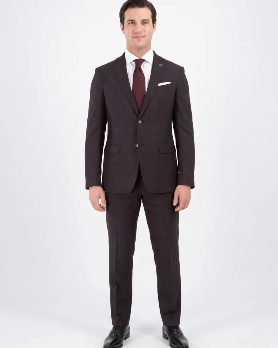 John Varvatos Half-Canvassed Windowpane Burgundy Slim Fit Two Button Stretch Wool Suit