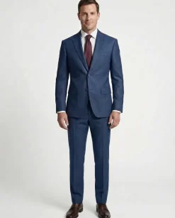 Joseph Bach Mens Blue Microcheck Half-Canvassed Slim Fit Notch Lapels 2 Button Wool Suit