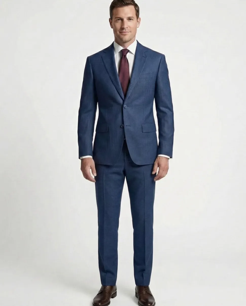 Joseph Bach Mens Blue Microcheck Half-Canvassed Slim Fit Notch Lapels 2 Button Wool Suit