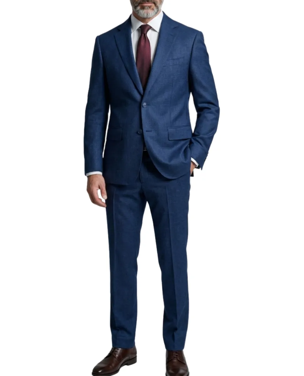 Joseph Bach Mens Blue Microcheck Half-Canvassed Classic Fit Notch Lapels 2 Button Wool Suit