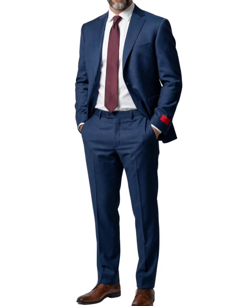 Joseph Bach Mens Blue Textured Half-Canvassed Classic Fit Notch Lapels 2 Button Wool Suit