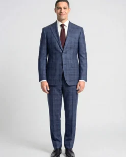 Joseph Bach Mens Blue Windowpane Plaid Half-Canvassed Classic Fit Notch Lapels 2 Button Wool Suit