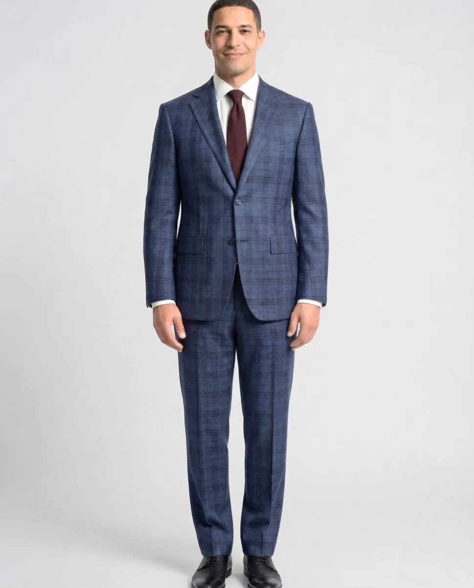 Joseph Bach Mens Blue Windowpane Plaid Half-Canvassed Classic Fit Notch Lapels 2 Button Wool Suit