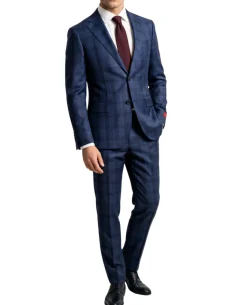 Joseph Bach Mens Blue Windowpane Plaid Half-Canvassed Slim Fit Notch Lapels 2 Button Wool Suit
