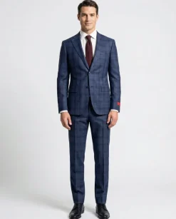Joseph Bach Mens Blue Windowpane Plaid Half-Canvassed Slim Fit Notch Lapels 2 Button Wool Suit