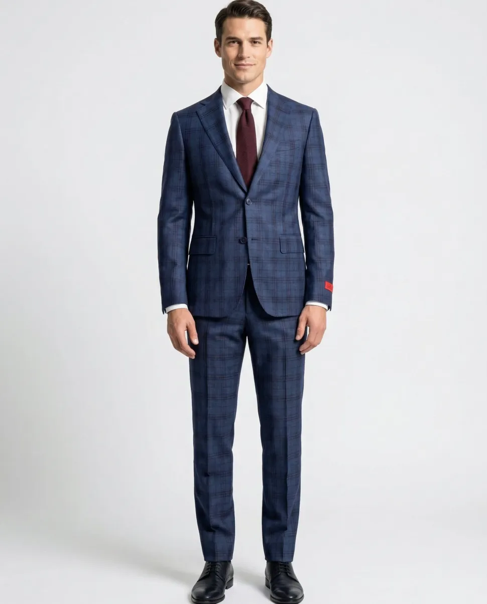 Joseph Bach Mens Blue Windowpane Plaid Half-Canvassed Slim Fit Notch Lapels 2 Button Wool Suit