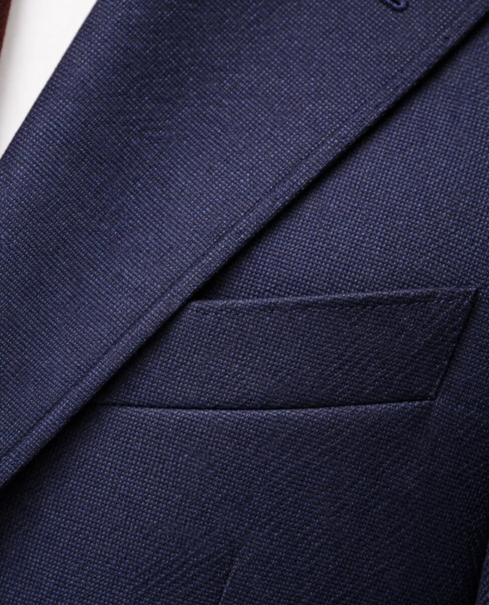 Joseph Bach Mens Dark Blue Textured Weave Half-Canvassed Slim Fit Notch Lapels 2 Button Wool Suit
