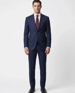 Joseph Bach Mens Dark Blue Textured Weave Half-Canvassed Slim Fit Notch Lapels 2 Button Wool Suit