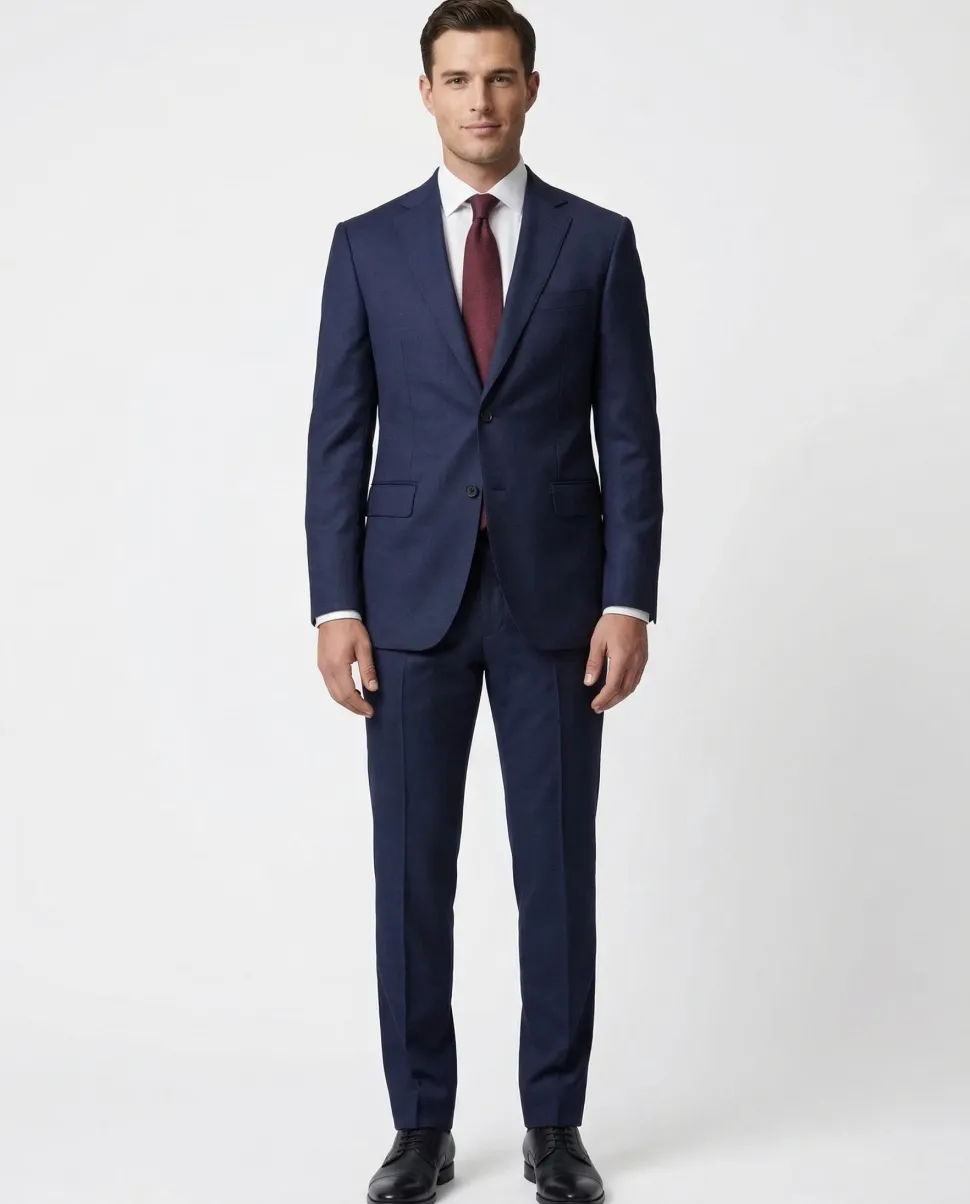 Joseph Bach Mens Dark Blue Textured Weave Half-Canvassed Slim Fit Notch Lapels 2 Button Wool Suit