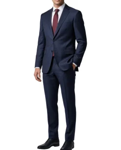 Joseph Bach Mens Dark Blue Textured Weave Half-Canvassed Classic Fit Notch Lapels 2 Button Wool Suit