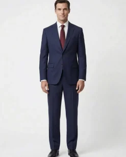 Joseph Bach Mens Dark Blue Textured Weave Half-Canvassed Classic Fit Notch Lapels 2 Button Wool Suit