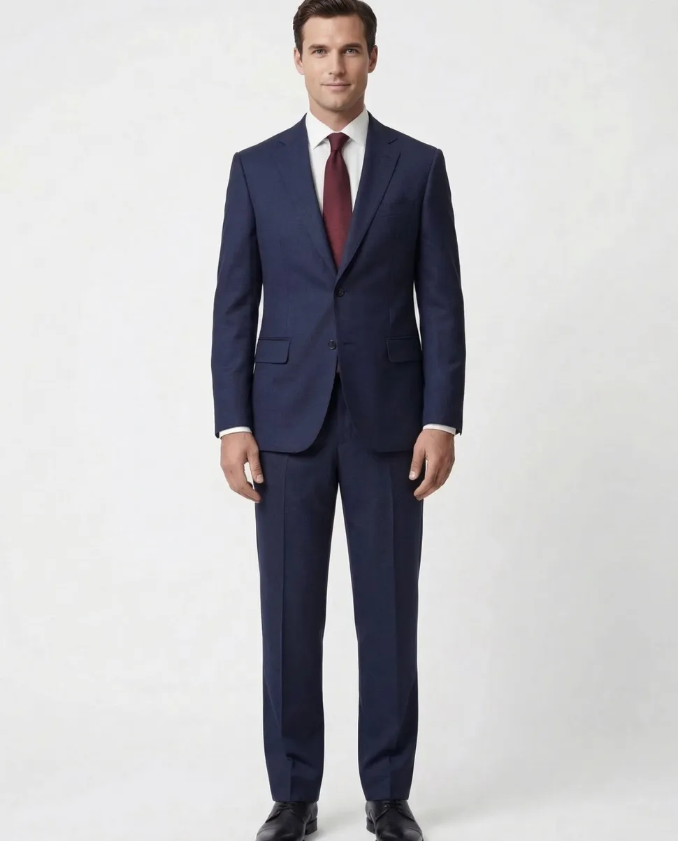Joseph Bach Mens Dark Blue Textured Weave Half-Canvassed Classic Fit Notch Lapels 2 Button Wool Suit