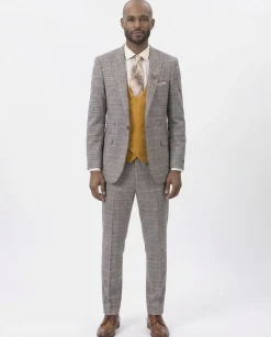 Kent & Park Men's Gray & Gold Plaid Classic Fit Three Piece Suit with Peak Lapels