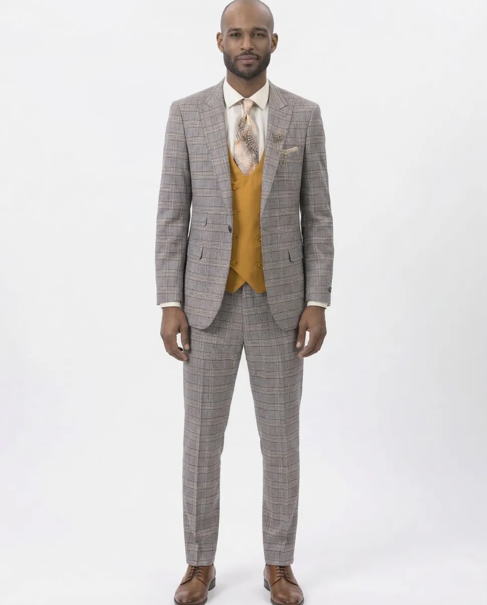Kent & Park Men's Gray & Gold Plaid Classic Fit Three Piece Suit with Peak Lapels