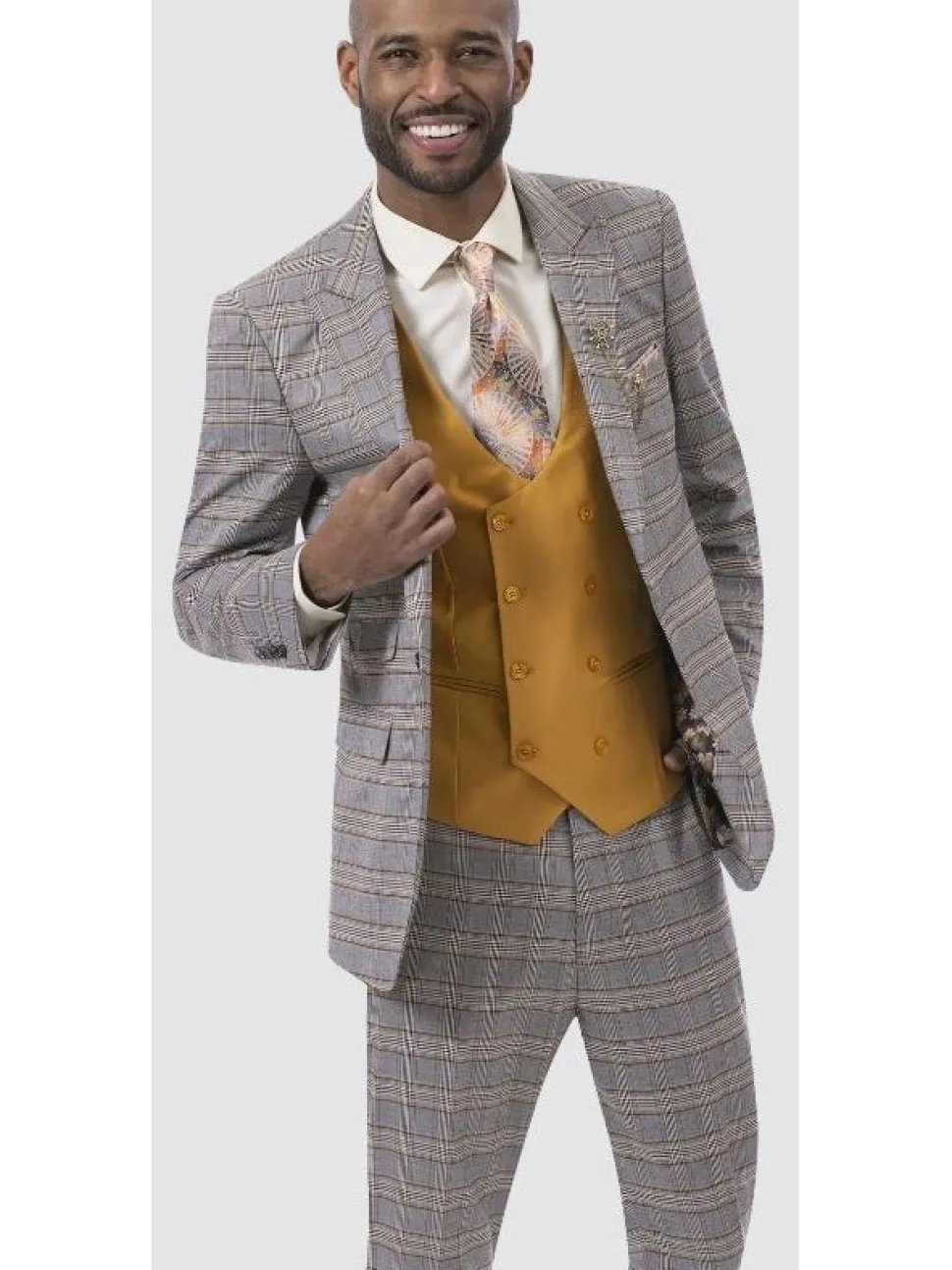 Kent & Park Men's Gray & Gold Plaid Classic Fit Three Piece Suit with Peak Lapels