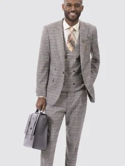 Kent & Park Men's Gray & Gold Plaid Classic Fit Three Piece Suit with Peak Lapels