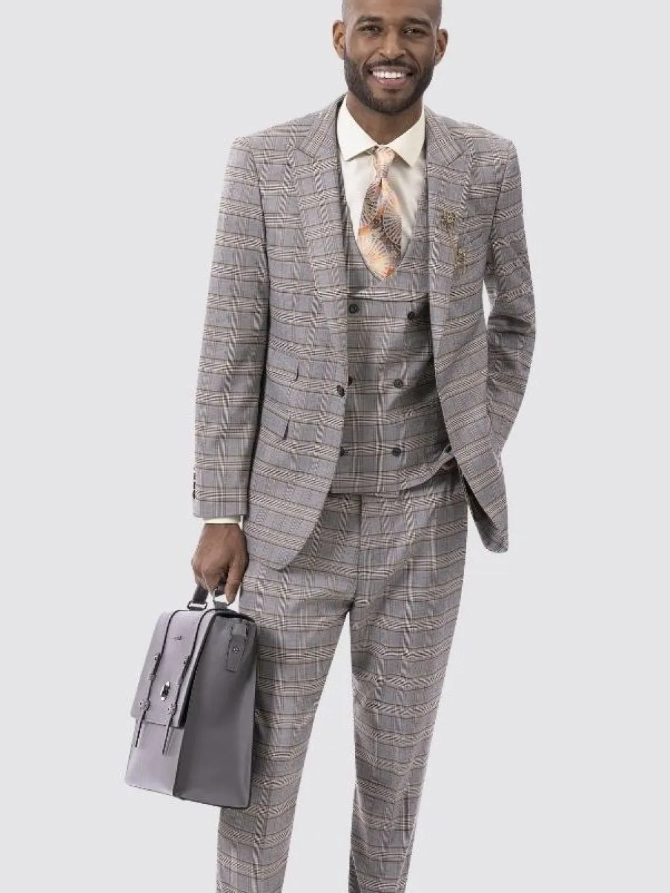 Kent & Park Men's Gray & Gold Plaid Classic Fit Three Piece Suit with Peak Lapels