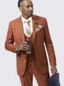 Kent & Park Mens Rust Orange Plaid Classic Fit 3 Piece Suit With Peak Lapels