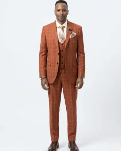 Kent & Park Mens Rust Orange Plaid Classic Fit 3 Piece Suit With Peak Lapels