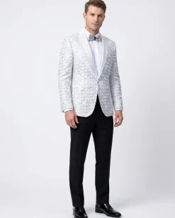 Kent & Park Mens White Beaded Tuxedo Prom Jacket With Matching Bowtie