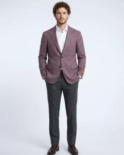 Label E Mens Burgundy Plaid Classic Fit Stretch 2 Button Blazer Sportcoat