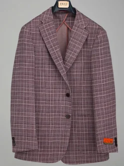 Label E Mens Burgundy Plaid Classic Fit Stretch 2 Button Blazer Sportcoat