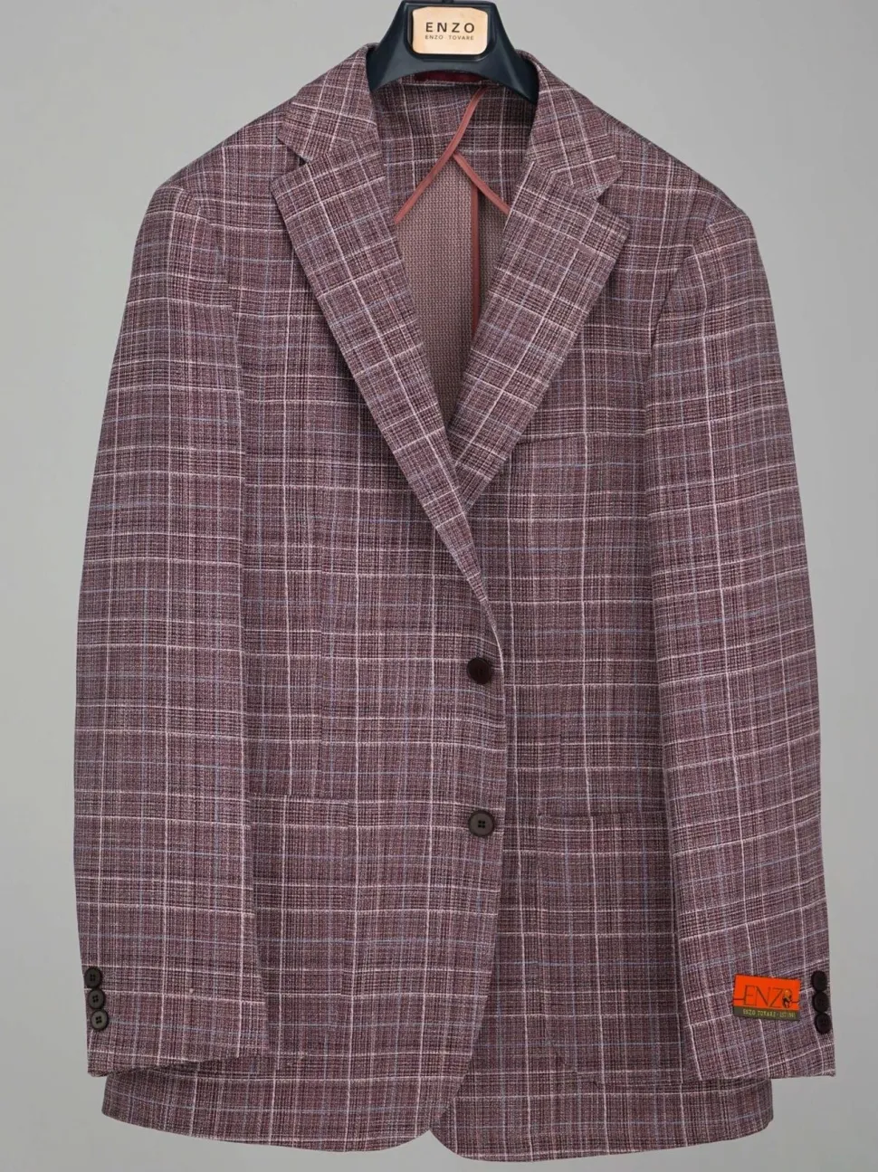 Label E Mens Burgundy Plaid Classic Fit Stretch 2 Button Blazer Sportcoat