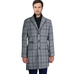 Label E Mens Gray Plaid 3 Button Wool Blend 3/4 Length Overcoat