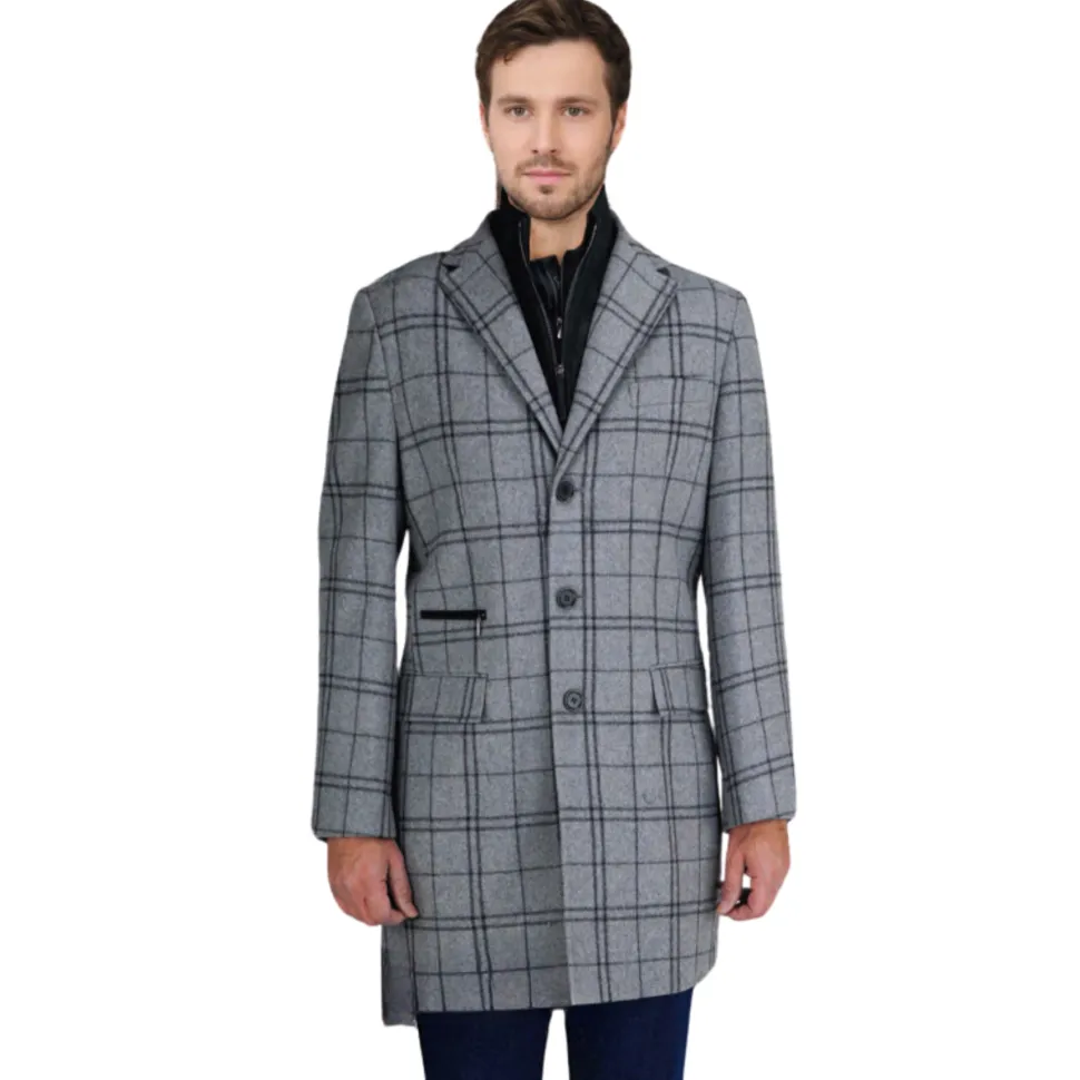 Label E Mens Gray Plaid 3 Button Wool Blend 3/4 Length Overcoat