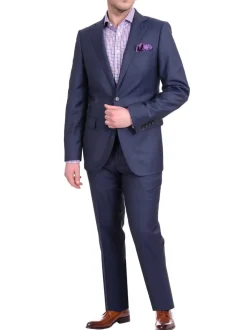 Label E Mens Slim Fit Navy Blue Birdseye 100% Wool 2 Piece Suit