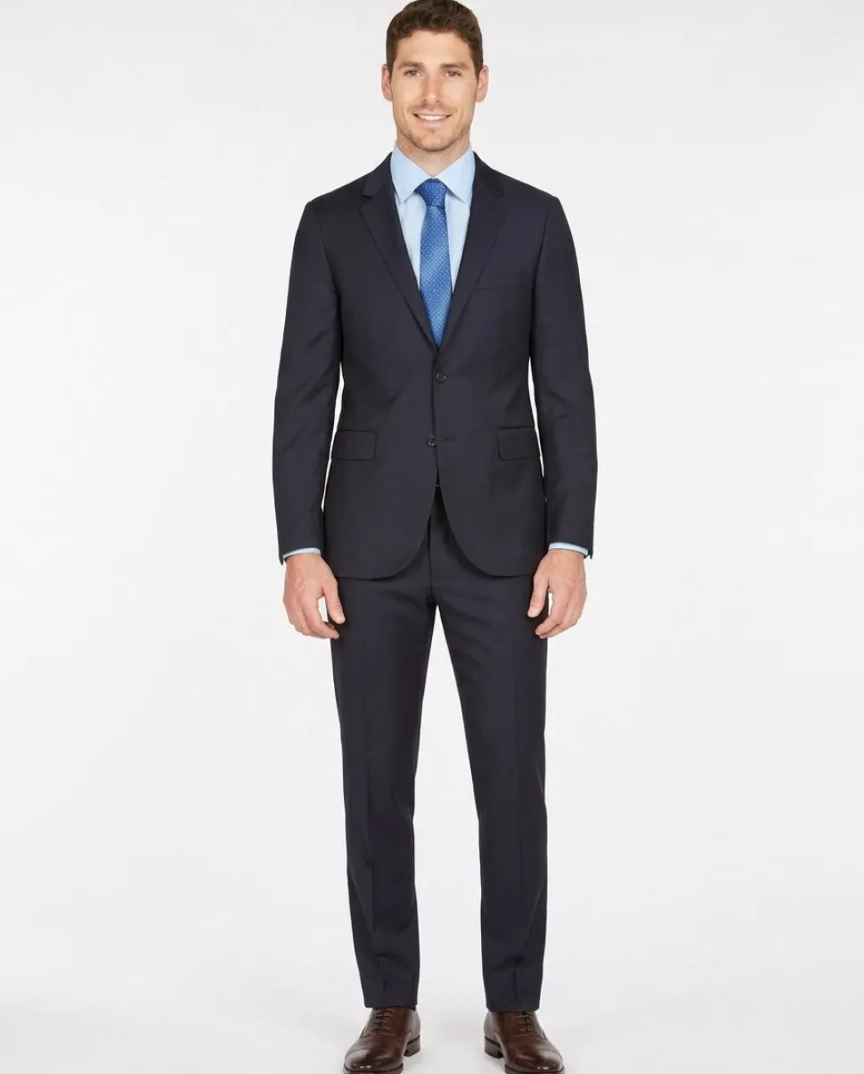 Label E Men's Solid Navy Blue 100% Super 150's Wool Slim Fit Suit