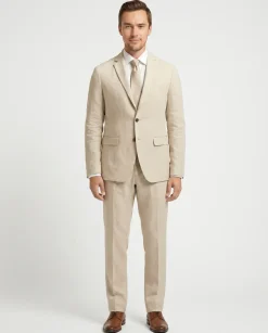 Label E Men's Solid Tan Classic Fit 100% Linen Suit