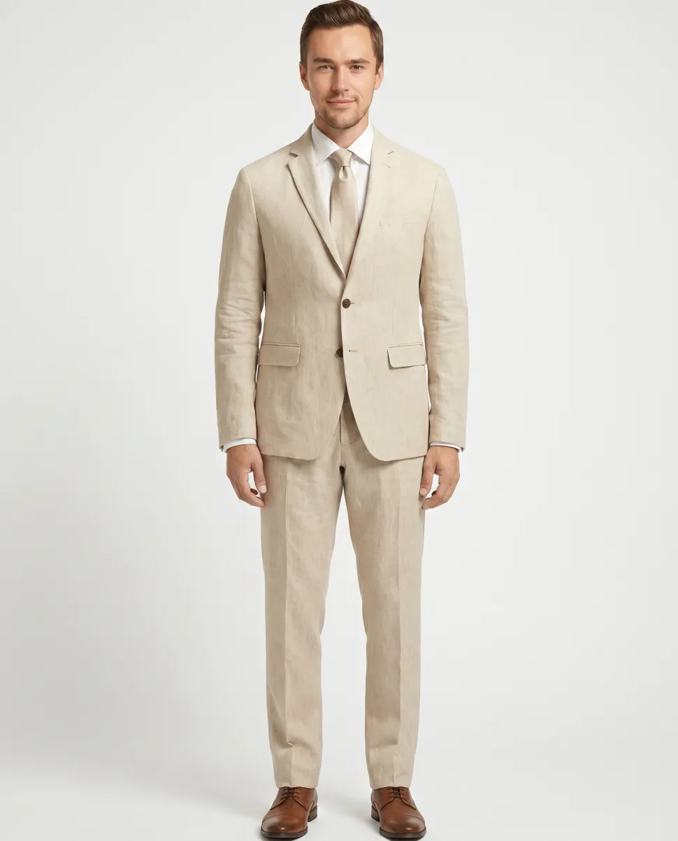 Label E Men's Solid Tan Classic Fit 100% Linen Suit