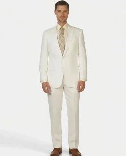 Label E Men's Solid White Classic Fit 100% Linen Suit