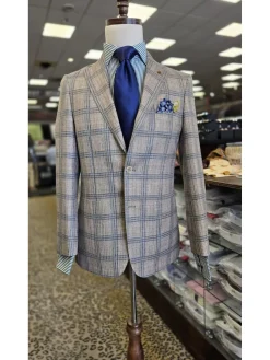 Label E Mens Tan Plaid Classic Fit Stretch 2 Button Blazer Sportcoat