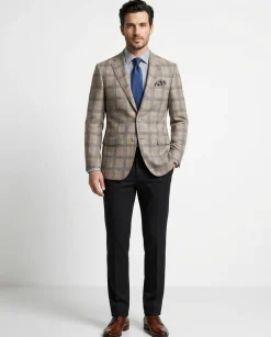 Label E Mens Tan Plaid Classic Fit Stretch 2 Button Blazer Sportcoat