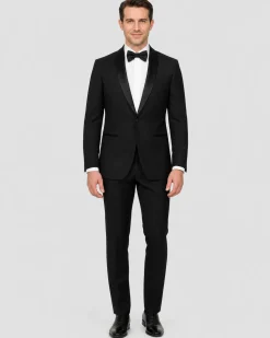 Label E Solid Black One Button 100% Wool Tuxedo Suit With Satin Shawl Lapels