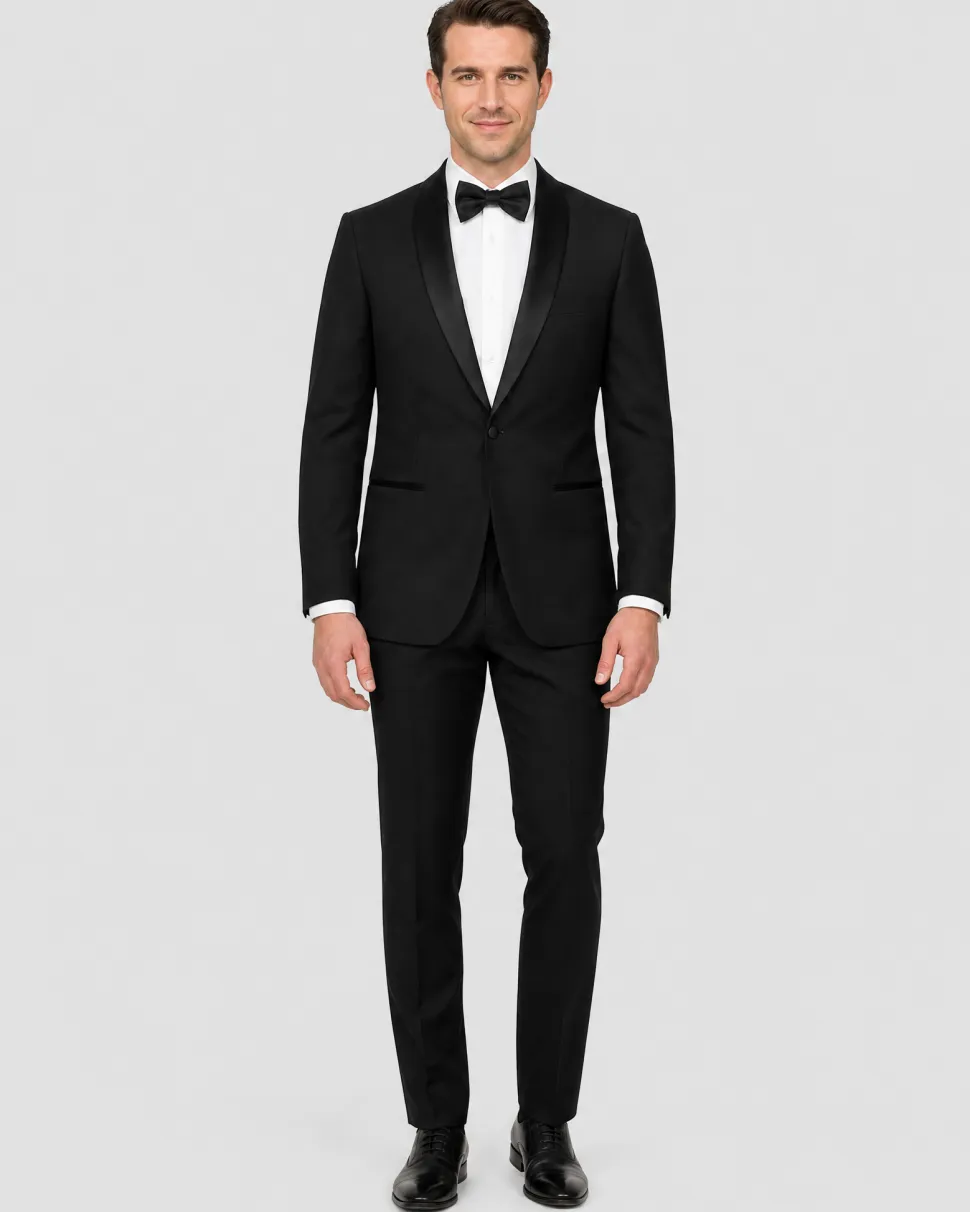 Label E Solid Black One Button 100% Wool Tuxedo Suit With Satin Shawl Lapels